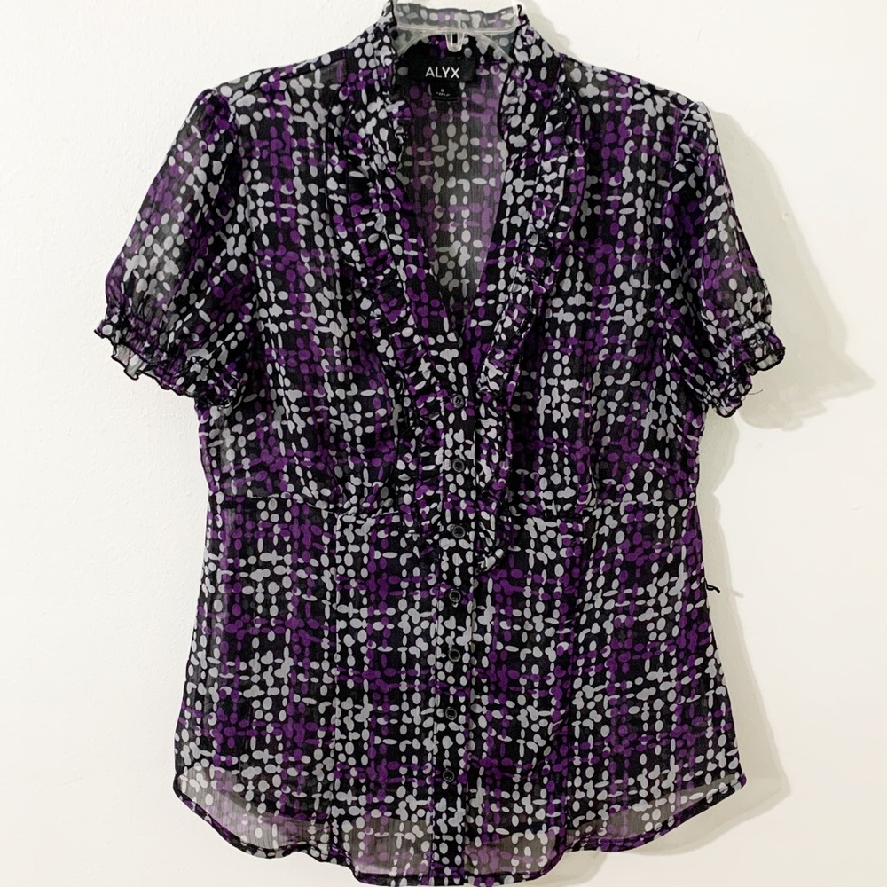 Alyx Sheer Dot PlaidShort Sleeve Blouse Ruffles at Sleeve & Neckline Down Bodice